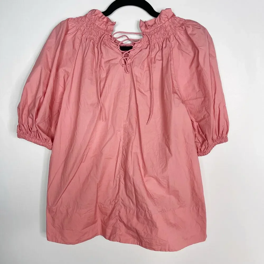 J Crew Womens XS Pink Smocked Neck Puff Sleeve Cotton Poplin Top Lace Up Back